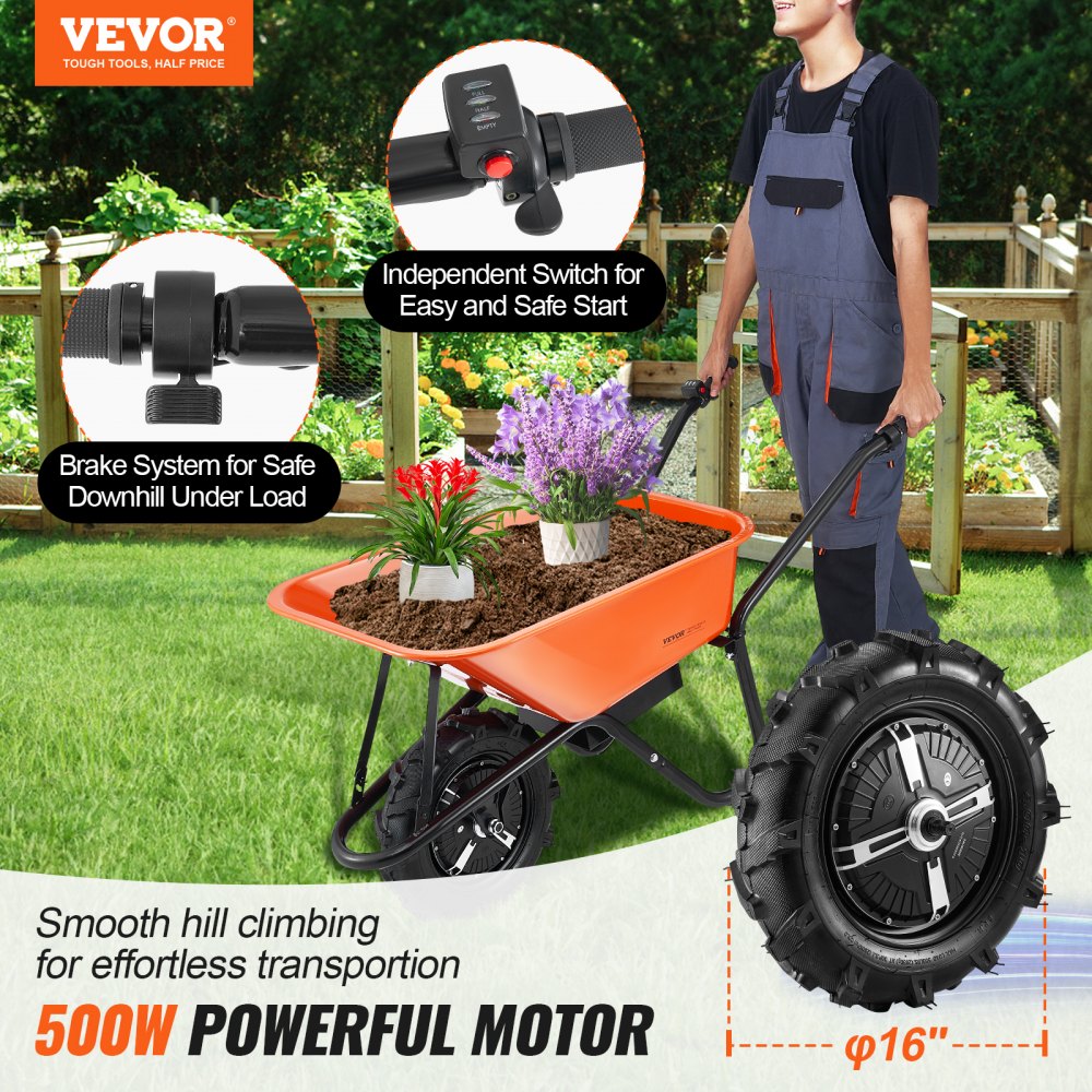 VEVOR Electric Wheelbarrow Cart, 500W Powered Utility Garden Wagon Dump Cart, 5 Cu. Ft. Load & 330 lbs Capacity with