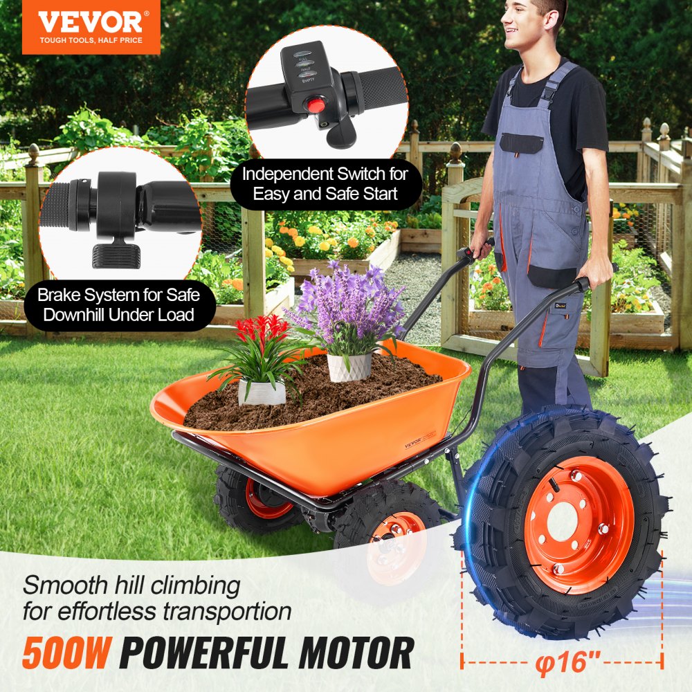 VEVOR Electric Wheelbarrow Cart, 500W Powered Utility Garden Wagon Dump Cart, 4.5 Cu Ft Load & 573 lbs Capacity with