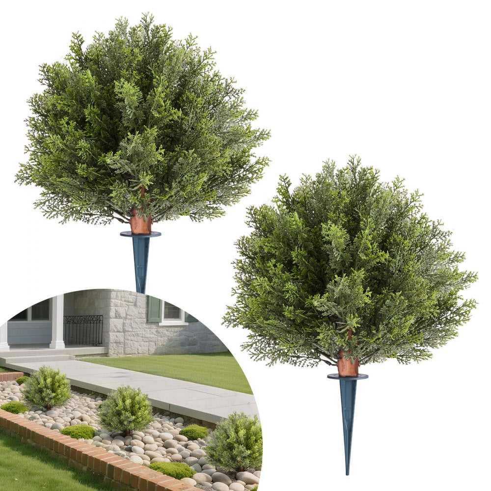 VEVOR Artificial Topiary Cypress Trees with Ground Spike, 16 inch 2 Set Faux Shrubs & Bushes Potted Plants, Fake Silk