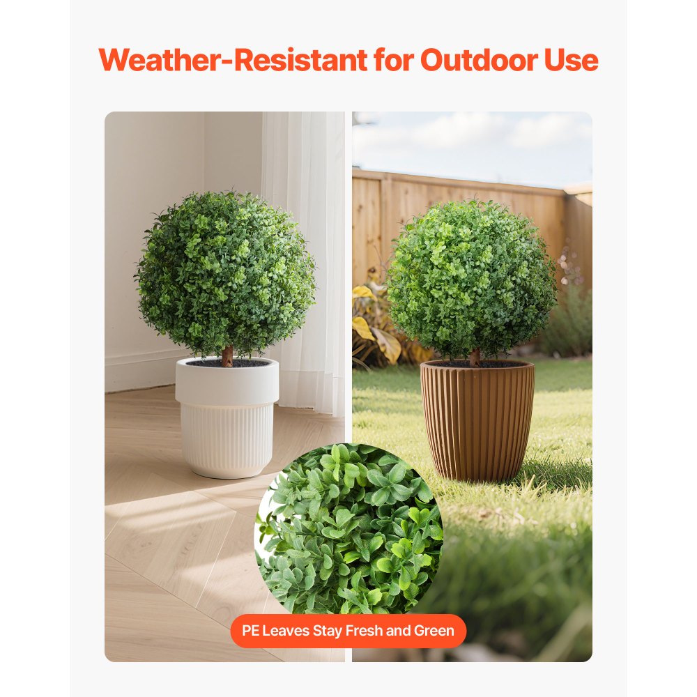 VEVOR Artificial Topiary Boxwood Trees with Ground Spike, 22 inch 2 Set Faux Shrubs & Bushes Potted Plants, Fake Silk