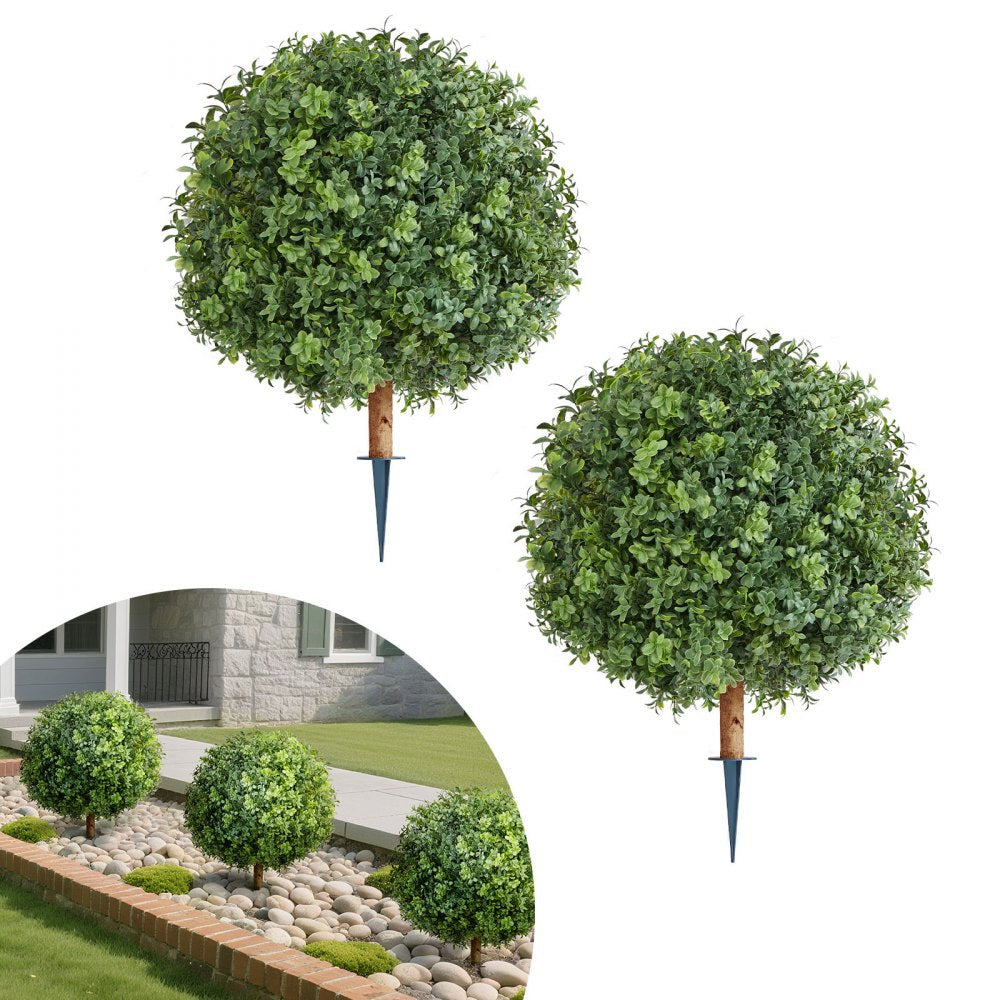 VEVOR Artificial Topiary Boxwood Trees with Ground Spike, 22 inch 2 Set Faux Shrubs & Bushes Potted Plants, Fake Silk
