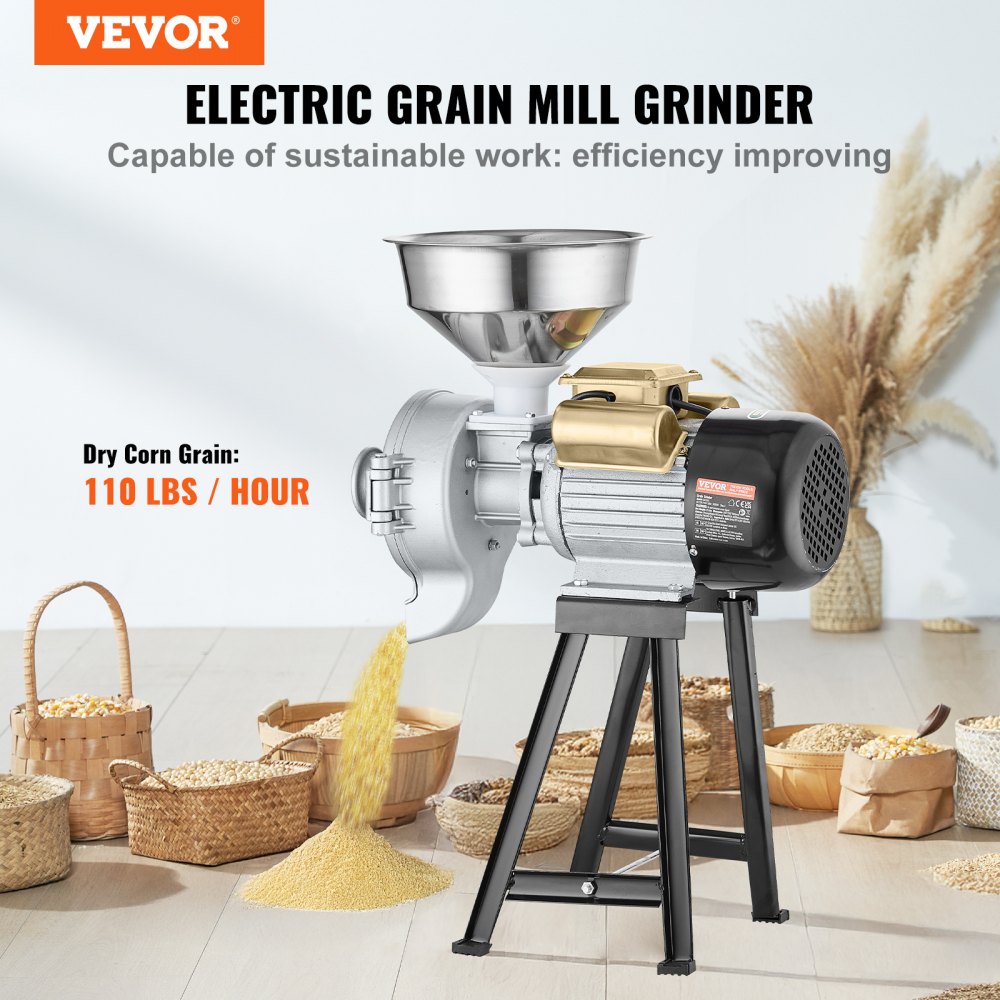 VEVOR Electric Grain Mill Grinder, 3000W Spice Grinders, Commercial Corn Mill with Funnel, Thickness Adjustable Powder