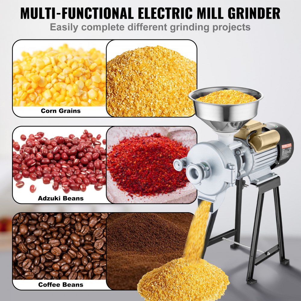 VEVOR Electric Grain Mill Grinder, 3000W Spice Grinders, Commercial Corn Mill with Funnel, Thickness Adjustable Powder