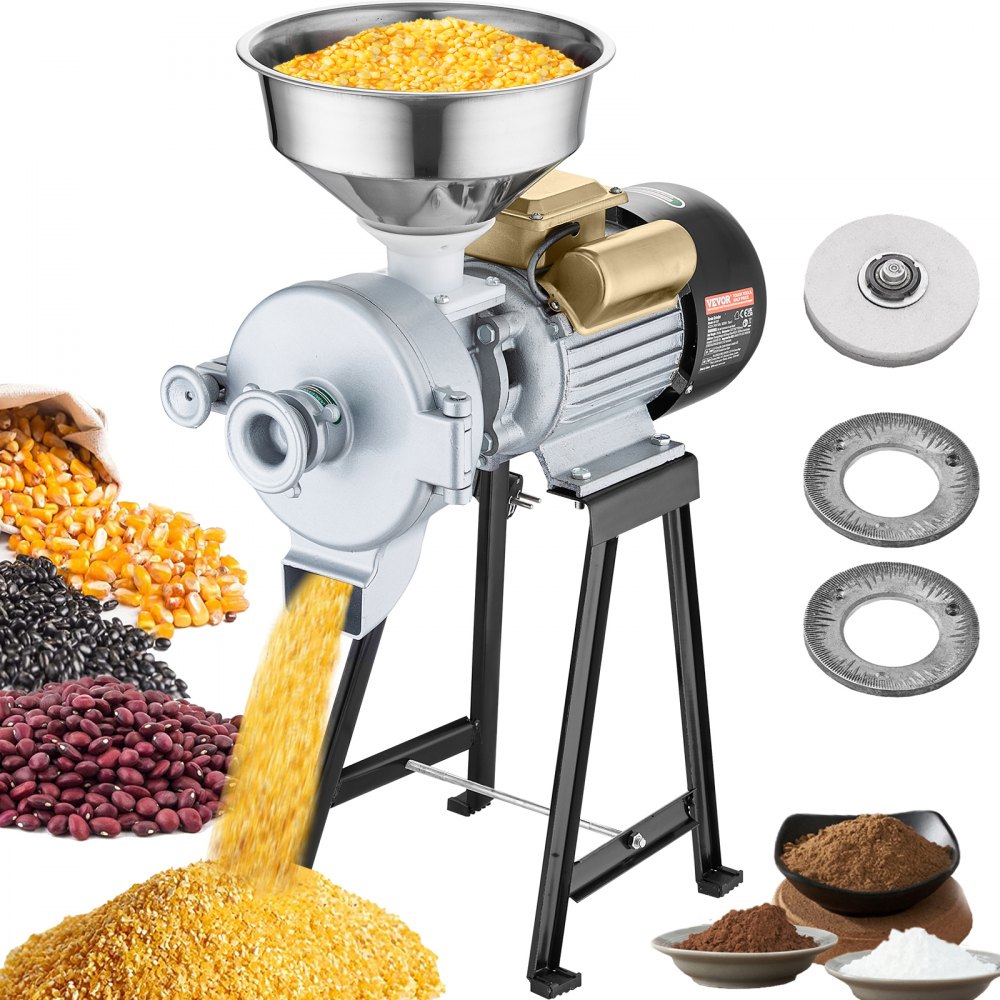 VEVOR Electric Grain Mill Grinder, 3000W Spice Grinders, Commercial Corn Mill with Funnel, Thickness Adjustable Powder
