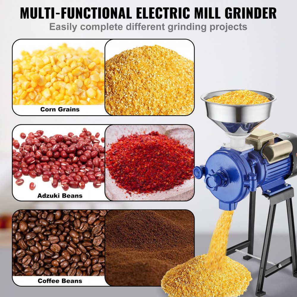 VEVOR Electric Grain Mill Grinder, 3000W Spice Grinders, Commercial Corn Mill with Funnel, Thickness Adjustable Powder