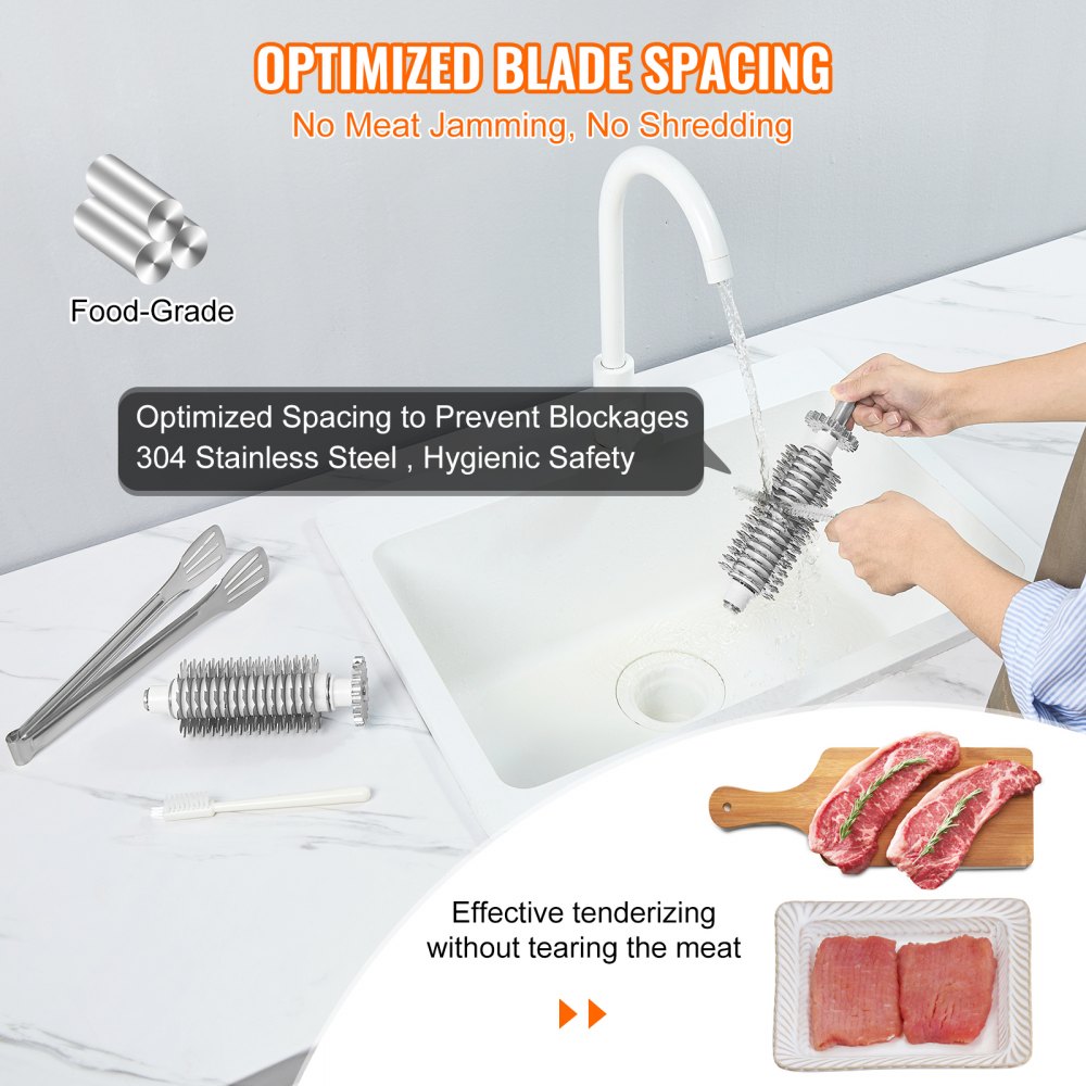 VEVOR Commercial Meat Tenderizer, Heavy Duty Stainless Steel Kitchen Tool with Handle, Meat Tong, and Cleaning Brush