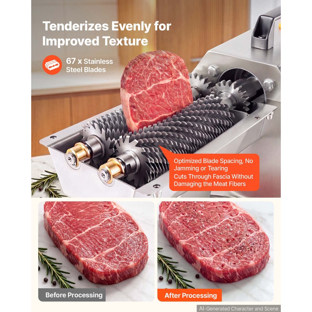 VEVOR Commercial Meat Tenderizer, 750W Electric Beef Machine 265 Lbs/H, for Turkey Chicken Pork, Heavy Duty Stainless