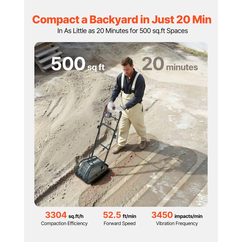 VEVOR Plate Compactor, 130W Output Electric Ground Rammer, 5 kN Force, 3.9 in Depth, 16 m/min Speed, 3304 sq.ft/h
