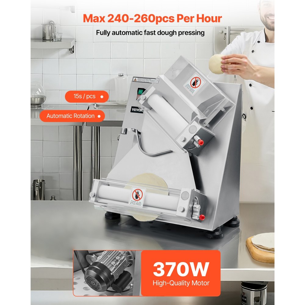 VEVOR Pizza Dough Roller Sheeter, 3-14 Inch Automatic Stainless Steel Pizza Press, Commercial Electric 370W Pasta Maker