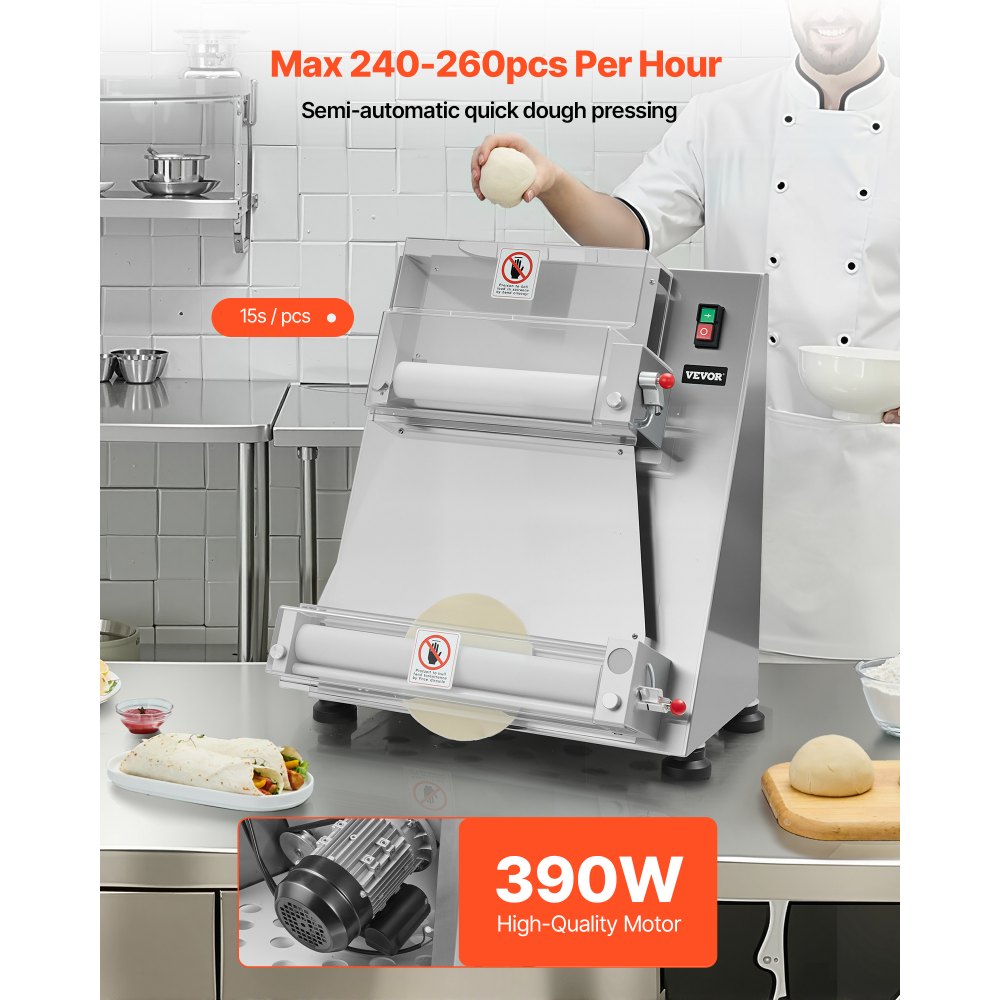 VEVOR Pizza Dough Roller Sheeter, 3-16 Inch Semi-automatic Stainless Steel Pizza Press, Commercial Electric 390W Pasta