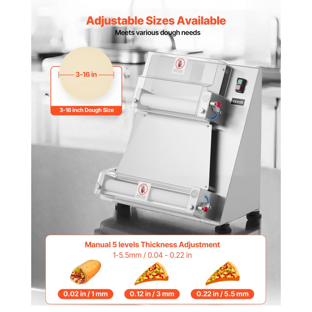VEVOR Pizza Dough Roller Sheeter, 3-16 Inch Semi-automatic Stainless Steel Pizza Press, Commercial Electric 390W Pasta