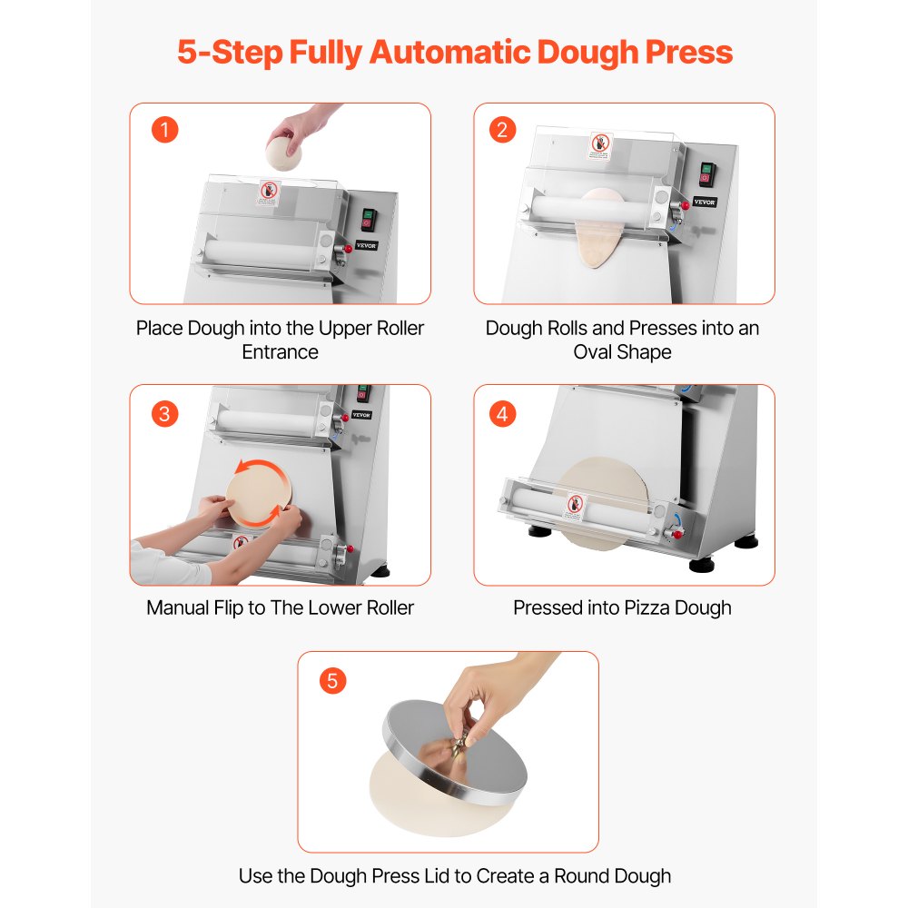 VEVOR Pizza Dough Roller Sheeter, 3-16 Inch Semi-automatic Stainless Steel Pizza Press, Commercial Electric 390W Pasta