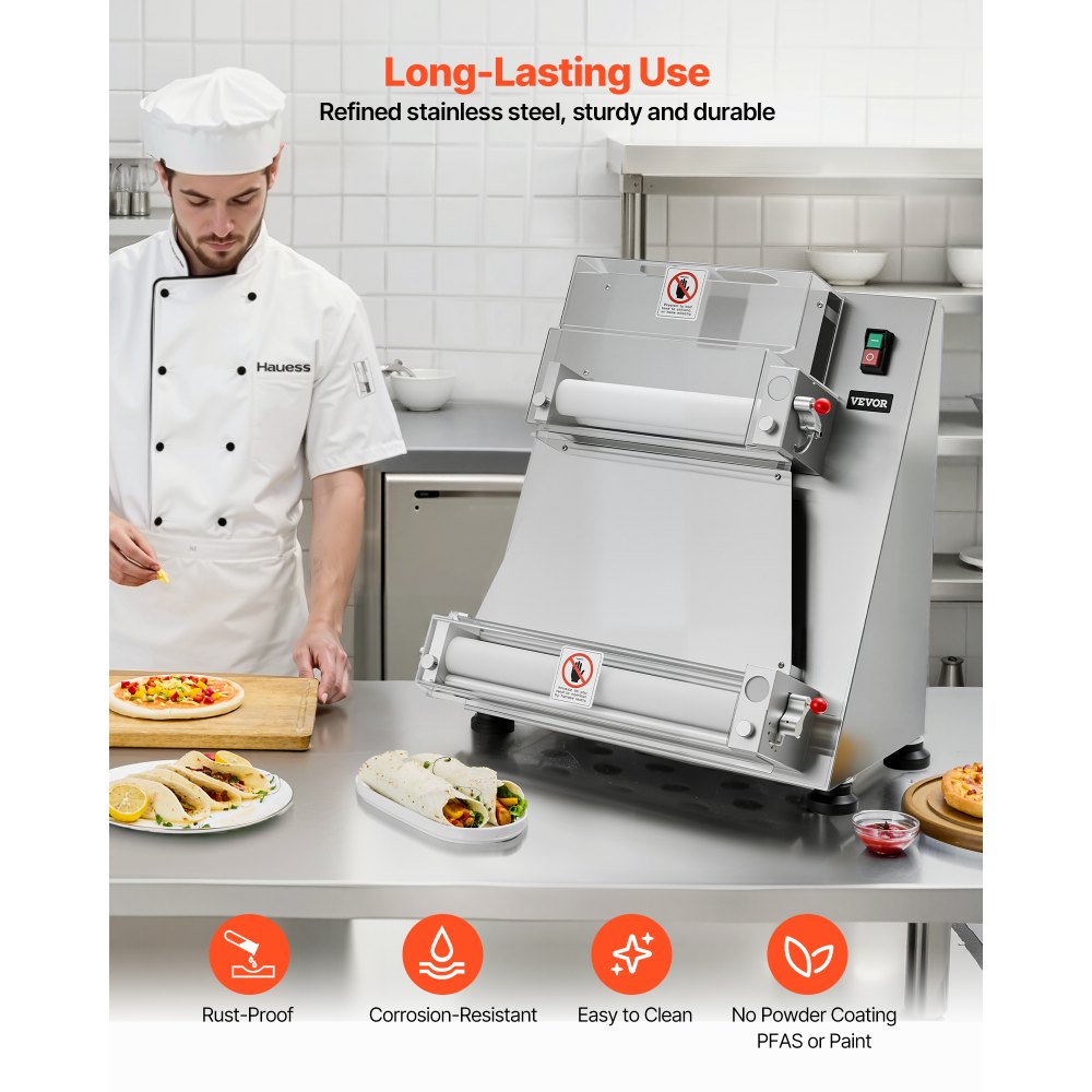 VEVOR Pizza Dough Roller Sheeter, 3-16 Inch Semi-automatic Stainless Steel Pizza Press, Commercial Electric 390W Pasta