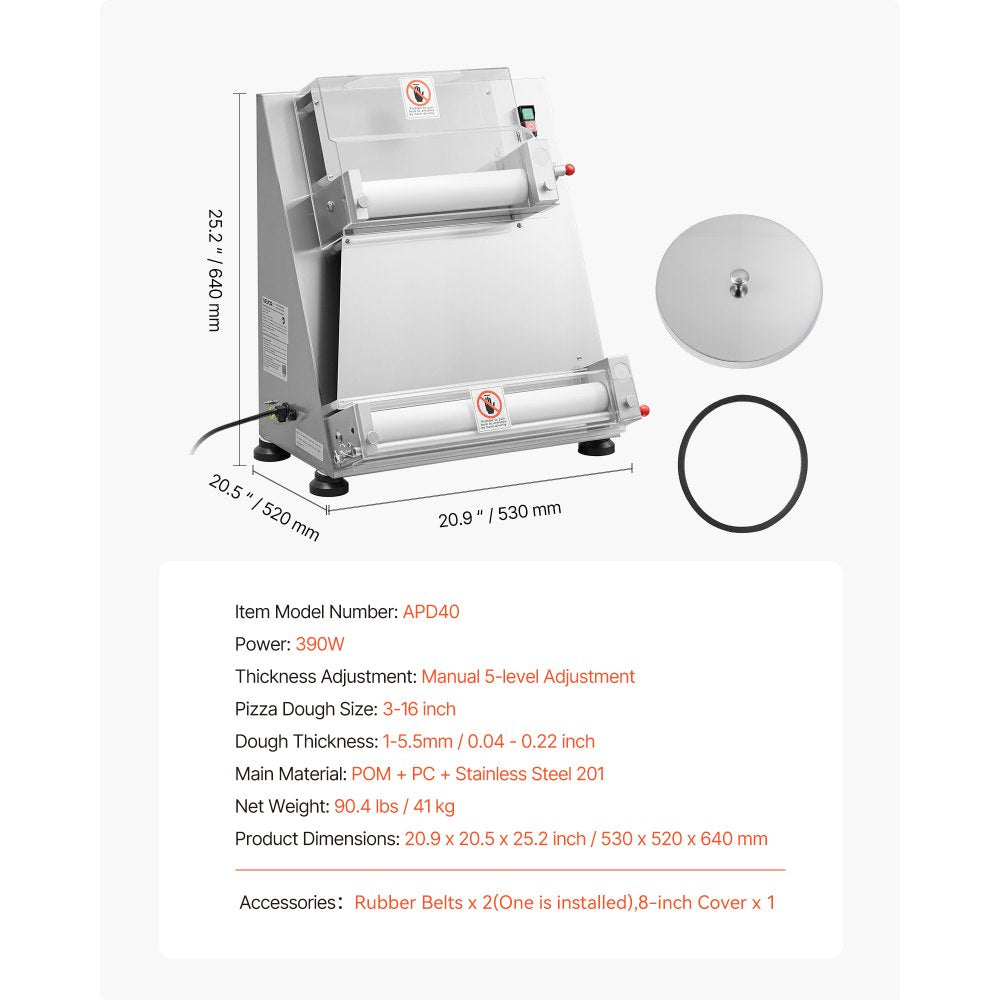 VEVOR Pizza Dough Roller Sheeter, 3-16 Inch Semi-automatic Stainless Steel Pizza Press, Commercial Electric 390W Pasta