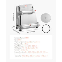 VEVOR Pizza Dough Roller Sheeter, 3-16 Inch Semi-automatic Stainless Steel Pizza Press, Commercial Electric 390W Pasta