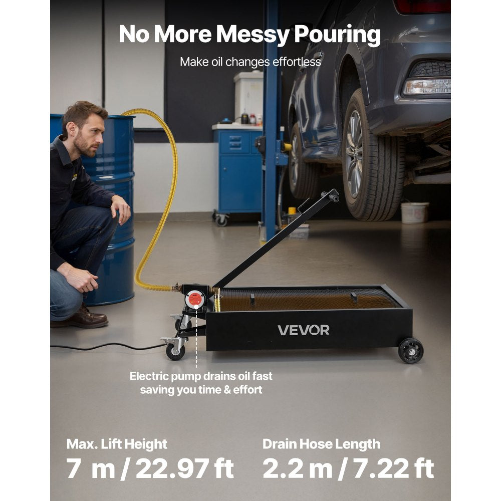 VEVOR Low Profile Oil Drain Pan, 15 Gallon Capacity, Rolling Oil Drain Pan with Electric Pump & 7.2 ft Hose, Leak-proof
