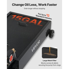 VEVOR Low Profile Oil Drain Pan, 15 Gallon Capacity, Rolling Oil Drain Pan with Electric Pump & 7.2 ft Hose, Leak-proof