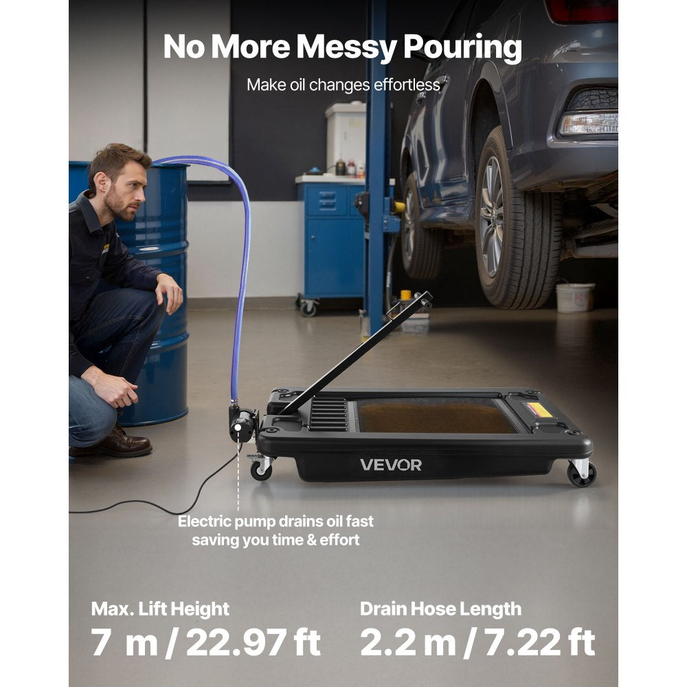 VEVOR Low Profile Oil Drain Pan, 17 Gallon Capacity, Rolling Oil Drain Pan with Electric Pump & 7.2 ft Hose, Leak-proof
