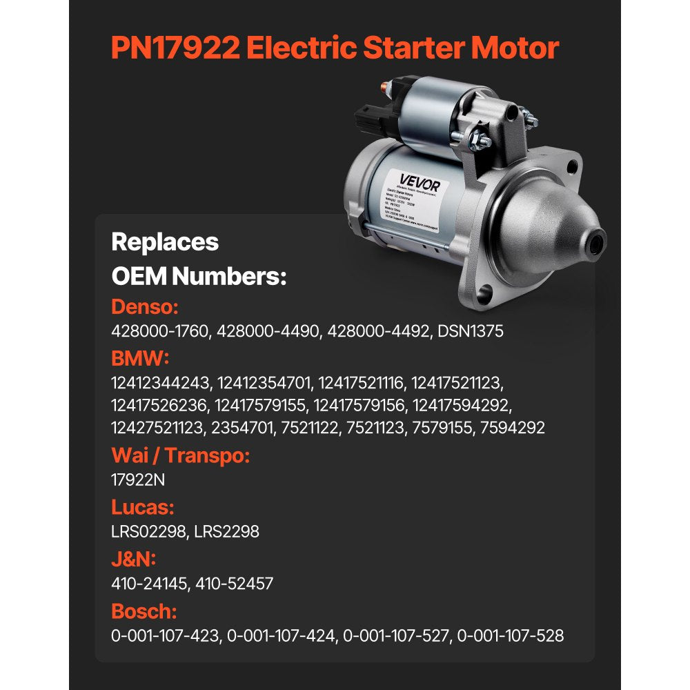 VEVOR Starter 17922, Starter Motor Replacement Compatible with BMW 1 Series M 3.0L L6 2011, 128i 3.0L L6 2008-2011