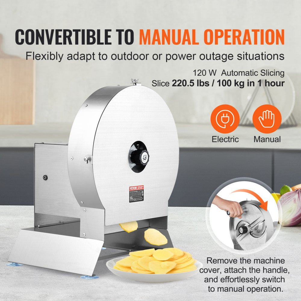 VEVOR Electric Vegetable Slicer, 0-0.5"/0-12mm Thickness Adjustable Commercial Slicer Machine, Convertible to Manual