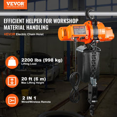 VEVOR Electric Chain Hoist, 2200 lbs Load, 20 ft Lifting Height, 6.9 ft/min Speed, 120V, Single Phase Overhead Crane