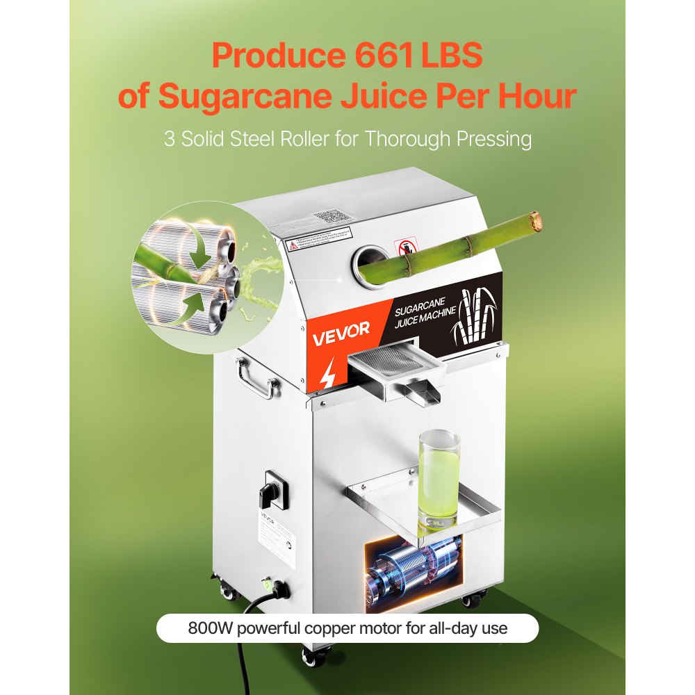 VEVOR Commercial Sugar Cane Juicer, 800W Electric Sugarcane Juicer Machine with 661LBS/H High Output, 3 Stainless Steel