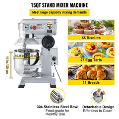 VEVOR Commercial Food Mixer, 15Qt Commercial Mixer with Timing Function, 500W Stainless Steel Bowl Heavy Duty Electric