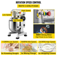 VEVOR Commercial Food Mixer, 15Qt Commercial Mixer with Timing Function, 500W Stainless Steel Bowl Heavy Duty Electric