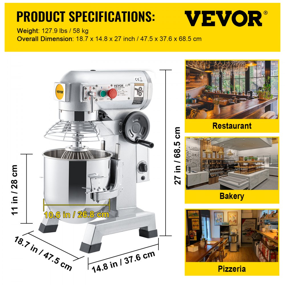 VEVOR Commercial Food Mixer, 15Qt Commercial Mixer with Timing Function, 500W Stainless Steel Bowl Heavy Duty Electric