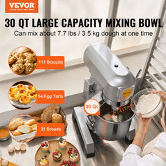 VEVOR Commercial Food Mixer, 30Qt Commercial Mixer with Timing Function, 1100W Stainless Steel Bowl Heavy Duty Electric