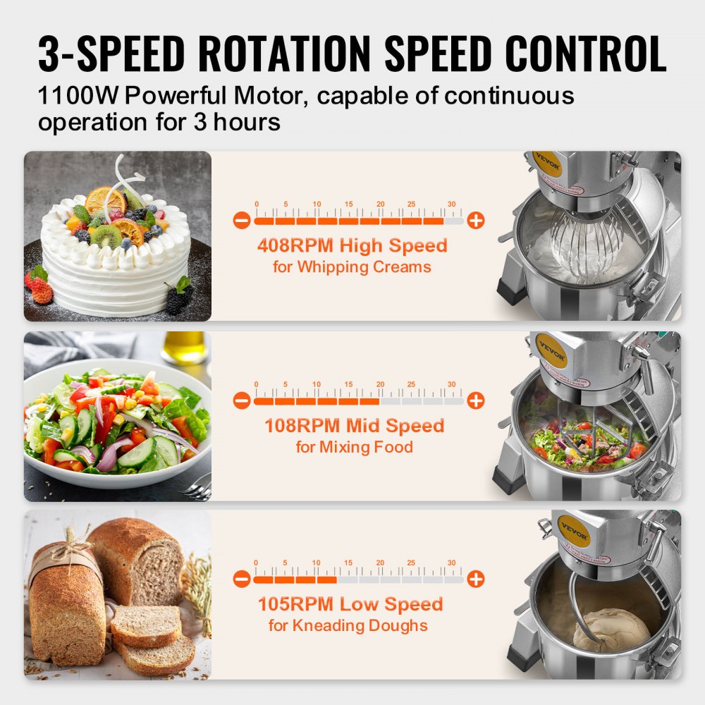 VEVOR Commercial Food Mixer, 30Qt Commercial Mixer with Timing Function, 1100W Stainless Steel Bowl Heavy Duty Electric
