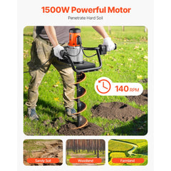 VEVOR Electric Post Hole Digger, 5.71 in Auger Bit with 1500W Powerful Motor, 140 RPM Alloy Steel Earth Auger Drill Bit