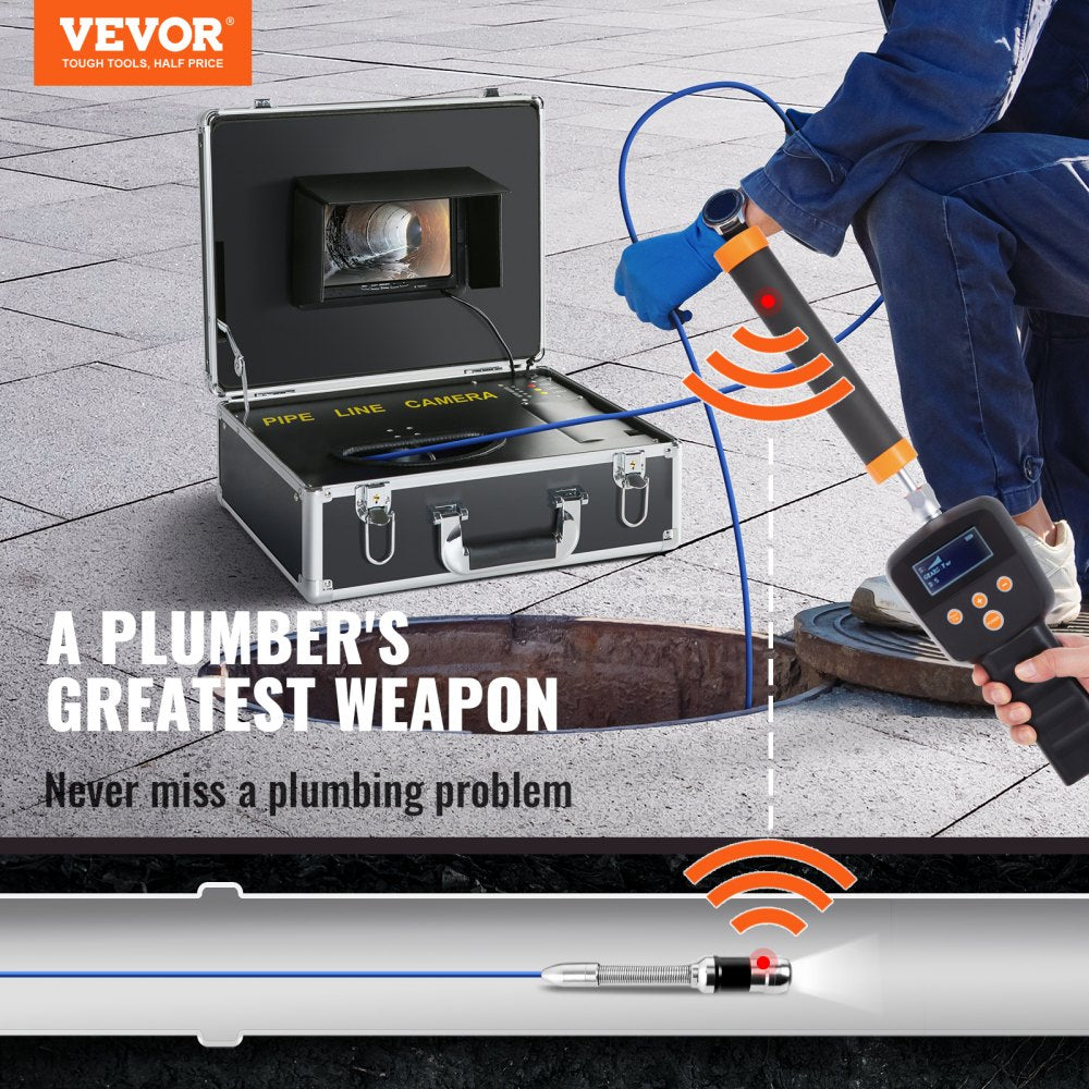 VEVOR Sewer Camera with 512Hz Locator,100 ft/30 m, 7" Pipeline Inspection Camera with DVR Function, IP68 Camera with 12