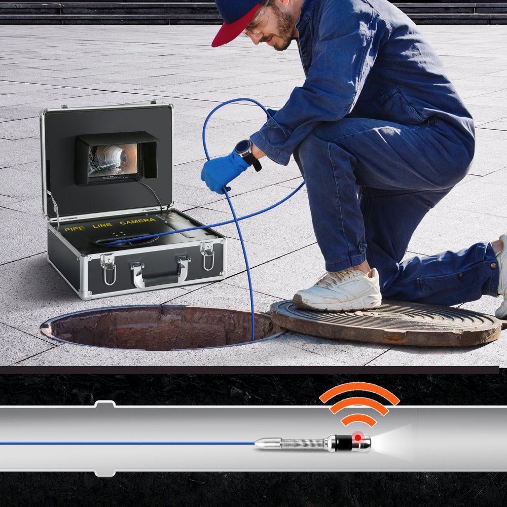 VEVOR Sewer Camera with 512Hz Locator,100 ft/30 m, 7" Pipeline Inspection Camera with DVR Function, IP68 Camera with 12