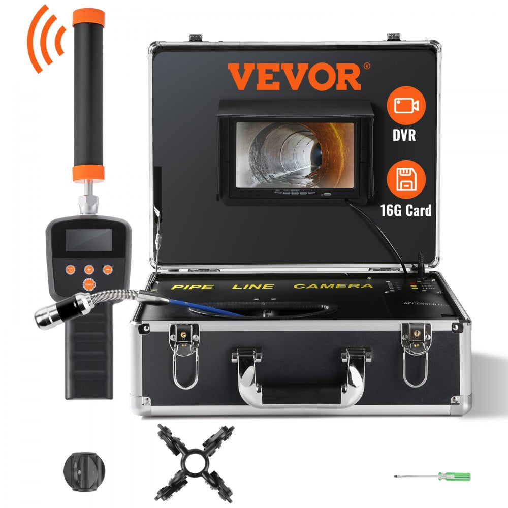 VEVOR Sewer Camera with 512Hz Locator,100 ft/30 m, 7" Pipeline Inspection Camera with DVR Function, IP68 Camera with 12