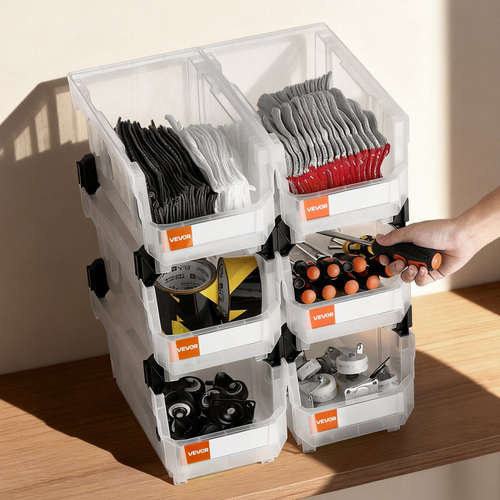 VEVOR Plastic Stackable Storage Bins, 14.8 x 8.5 x 7.1 inch (6 Pack), Plastic Containers for Organizing & Storage Bins