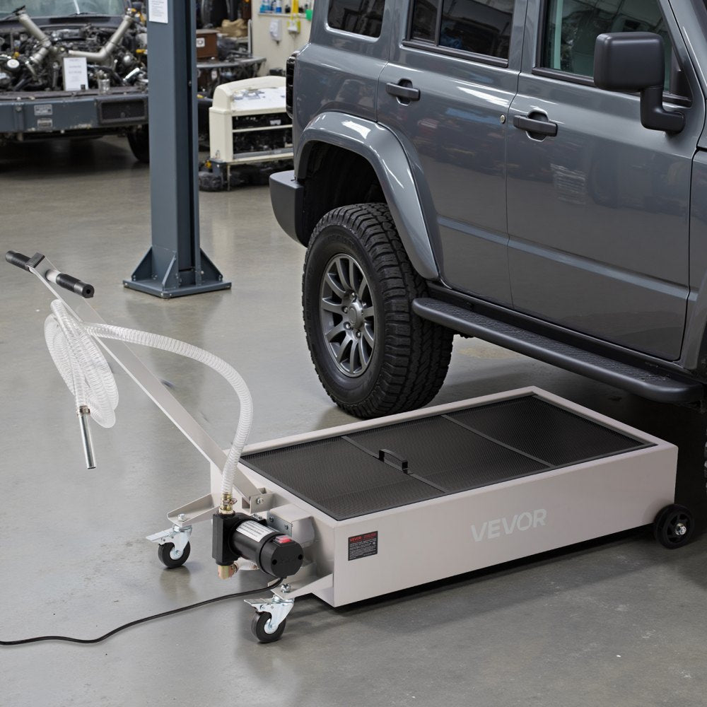 VEVOR Low Profile Oil Drain Pan, 20 Gallon Capacity, Rolling Oil Drain Pan with Electric Pump, 7.2 ft Hose & T Folding