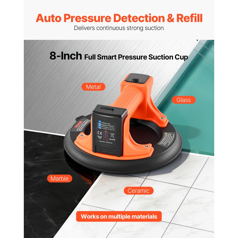 VEVOR Electric Suction Cup, 8-Inch Vacuum Glass Lifter with Digital Display for Suction Power & Battery Level, 440 lbs