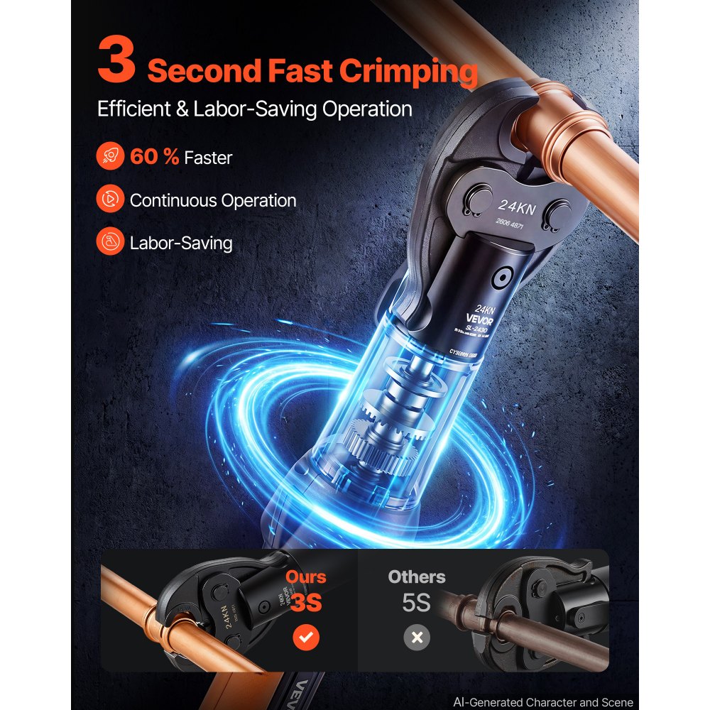 VEVOR Press Tool, 18V Electric Pipe Crimping Tool, 24KN Compact Stable Output, 360 ° Rotating Head, Straight-Style