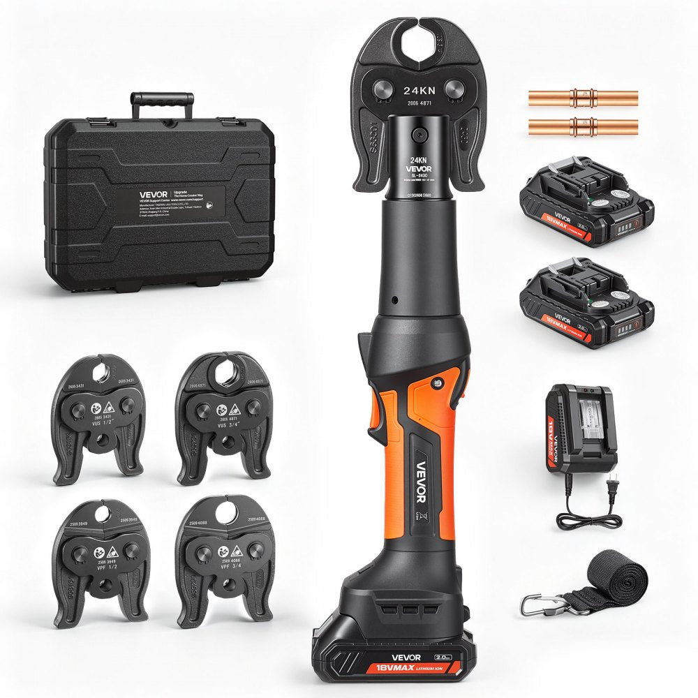 VEVOR 18V Press Tool with 4 Jaws for 1/2" 3/4" VUS Copper & VPF PEX Pipes, 24KN Compact Pipe Crimping Tool Kit