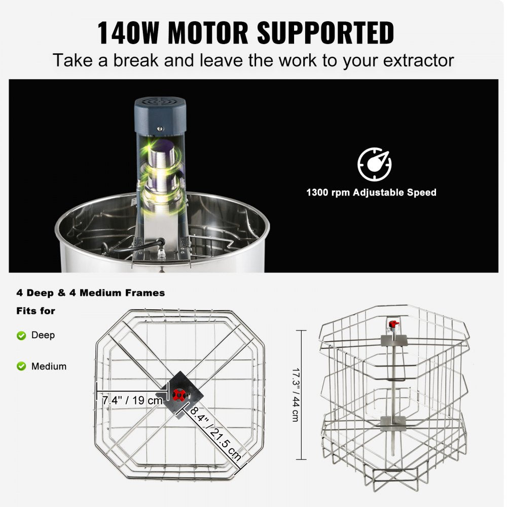 VEVOR Electric Honey Extractor, 4/8 Frames Honey Spinner Extractor, Stainless Steel Beekeeping Extraction, Apiary