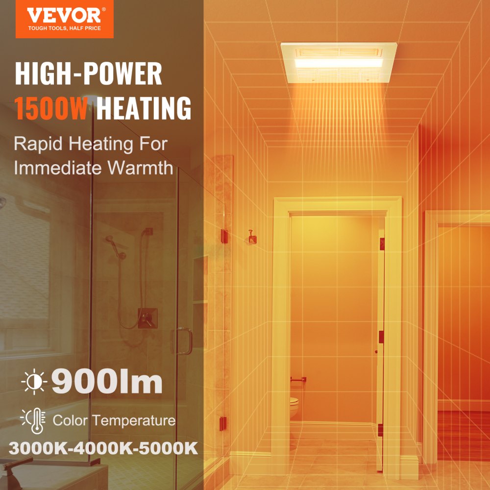 VEVOR Bathroom Exhaust Fan, 1500W Heating, 110 CFM High-Efficiency Ventilation, 1.5sones Low Noise Operation