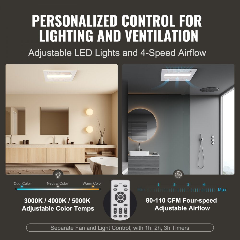 VEVOR Bathroom Exhaust Fan, 1500W Heating, 110 CFM High-Efficiency Ventilation, 1.5sones Low Noise Operation