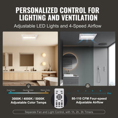 VEVOR Bathroom Exhaust Fan, 1500W Heating, 110 CFM High-Efficiency Ventilation, 1.5sones Low Noise Operation