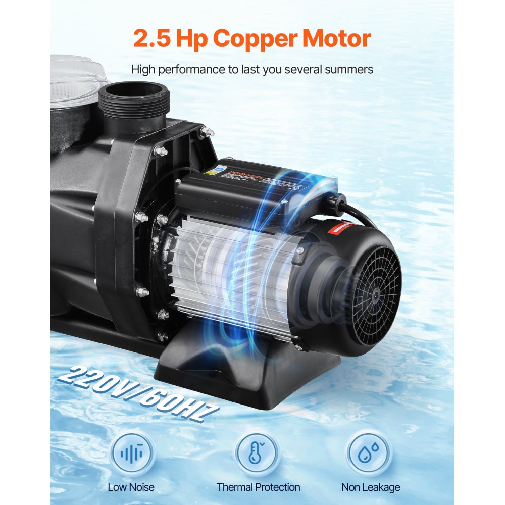 VEVOR Above Ground Pool Pump, 2.5 HP, 148 GPM Max Flow Single Speed Swimming Pool Pump, 220V 3450 RPM 62 ft Max Head