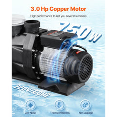 VEVOR Above Ground Pool Pump, 3 HP, 149 GPM Max Flow Single Speed Swimming Pool Pump, 220V 3450 RPM 42 ft Max Head Lift