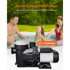 VEVOR Above Ground Pool Pump, 1.5HP, 122 GPM Max Flow Single Speed Swimming Pool Pump, 220V 3450 RPM 55 ft Max Head