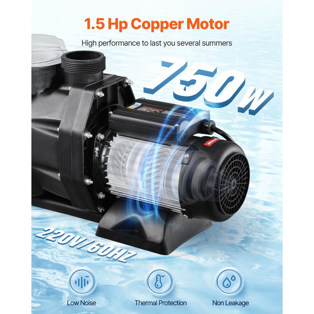 VEVOR Above Ground Pool Pump, 1.5HP, 122 GPM Max Flow Single Speed Swimming Pool Pump, 220V 3450 RPM 55 ft Max Head