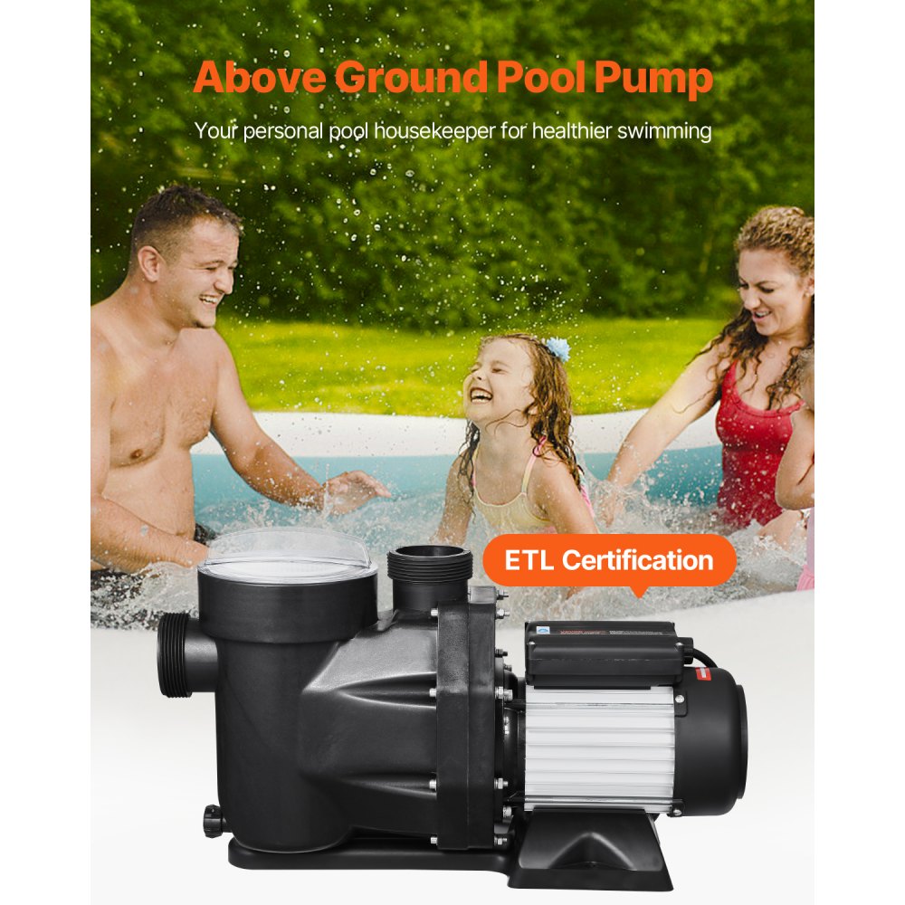VEVOR Above Ground Pool Pump, 2 HP, 135 GPM Max Flow Single Speed Swimming Pool Pump, 220V 3450 RPM 61 ft Max Head Lift