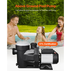 VEVOR Above Ground Pool Pump, 2 HP, 135 GPM Max Flow Single Speed Swimming Pool Pump, 220V 3450 RPM 61 ft Max Head Lift